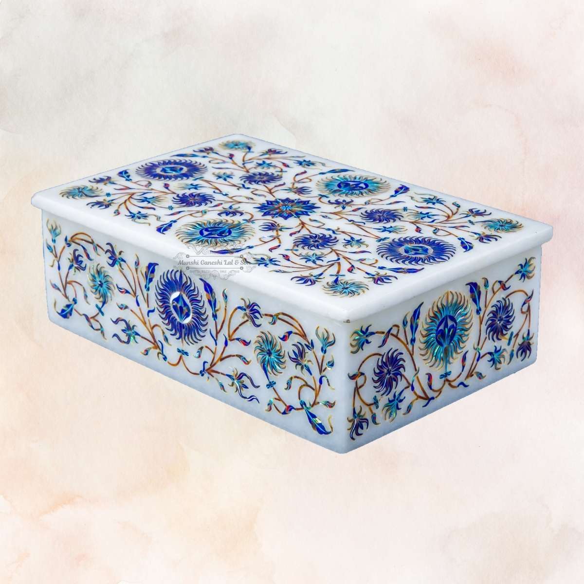 Blue Colour Designed Rectangular Marble Jewellery Box